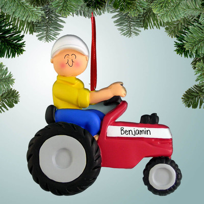 Christmas Ornament of Boy with Yellow Shirt on Red Tractor Christmas Ornament of Boy with Yellow Shirt on Red Tractor