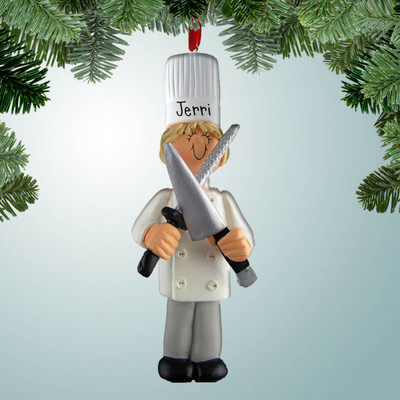 Christmas Ornament of Chef with Big Knife - Female with Blonde Hair Christmas Ornament of Chef with Big Knife - Female with Blonde Hair