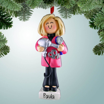 Christmas Ornament of Hairdresser with Silver Dryer - Blonde Hair Christmas Ornament of Hairdresser with Silver Dryer - Blonde Hair
