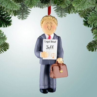 Christmas Ornament of Male Lawyer with Legal Brief - Blonde