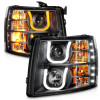 ANZO 2007-2013 Chevrolet Silverado 1500/2500 Projector Headlights w/ U-Bar Switchback Black w/ Amber - 111384