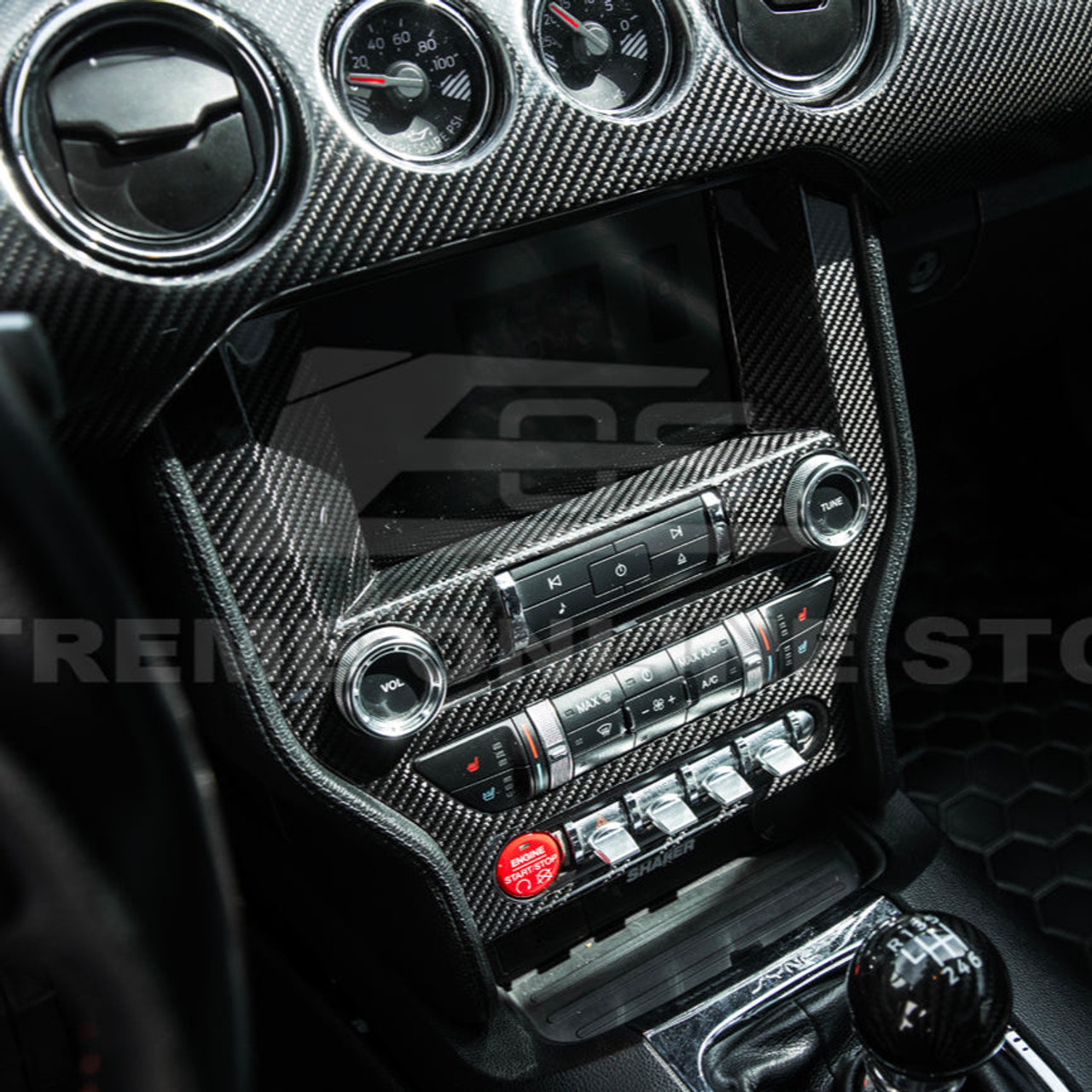 EOS Center Console Carbon Fiber Cover - 15-23 Ford Mustang S550 (VENT-1107-BKCF)
