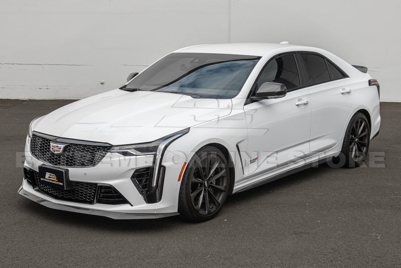 EOS Carbon Fiber Front Splitter w. Canards & Side Skirts - Cadillac CT4-V Blackwing (FLIP-954-BKCF_SPLITTER-953-BKCF_SS-1019-BKCF)