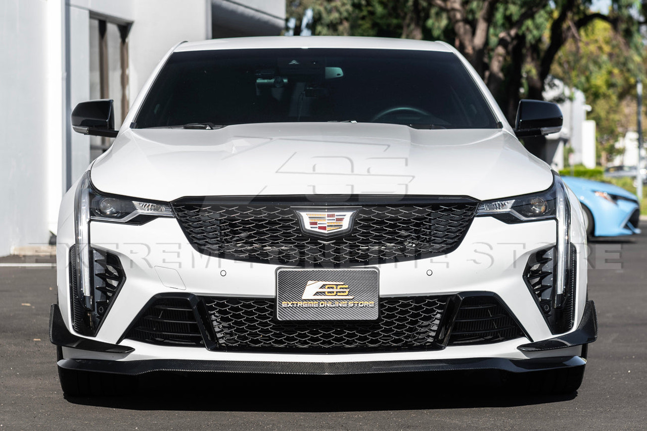 EOS Carbon Fiber Front Splitter w. Canards & Side Skirts - Cadillac CT4-V Blackwing (FLIP-954-BKCF_SPLITTER-953-BKCF_SS-1019-BKCF)