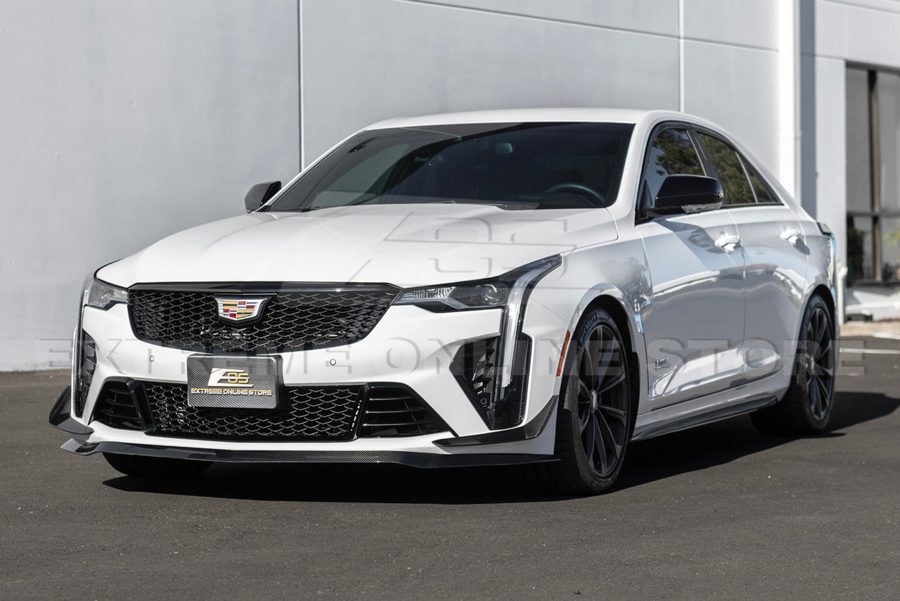 EOS Carbon Fiber Front Splitter w. Canards & Side Skirts - Cadillac CT4-V Blackwing (FLIP-954-BKCF_SPLITTER-953-BKCF_SS-1019-BKCF)