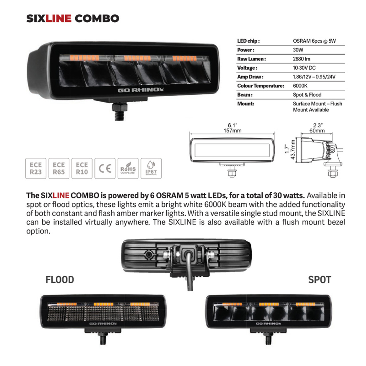 Go Rhino Xplor Blackout Combo Series Sixline LED Flood Lights w/Amber (Surface Mount) - Blk (Pair) - 750600622FBS