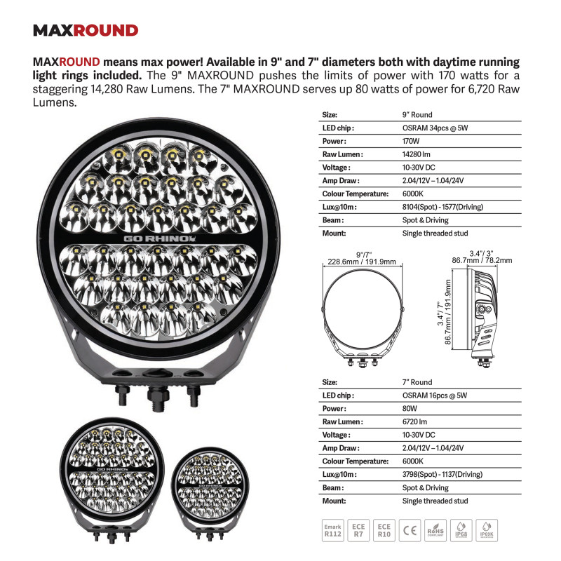 Go Rhino Xplor Blackout Series Round LED Spot Light Beam w/DRL (Surface/Thread Stud Mnt) 7in. - Blk - 750800711SRS