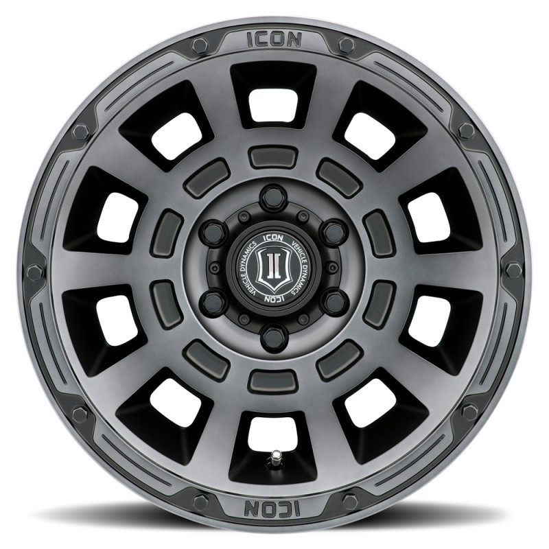 ICON Thrust 17x8.5 6x5.5 0mm Offset 4.75in BS 106.1mm Bore Smoked Satin Black Wheel - 2817858347SSBT