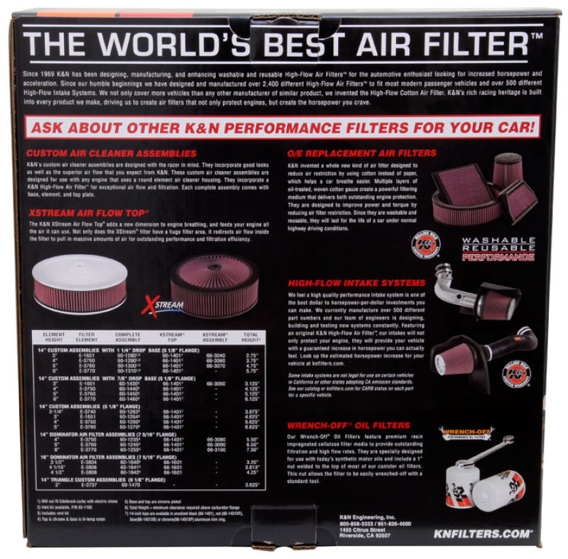 K&N Round Air Filter Assembly 5.25in ID / 5in Height / 5.125in Neck Flange / 1 1/4in Drop Base - 60-1300