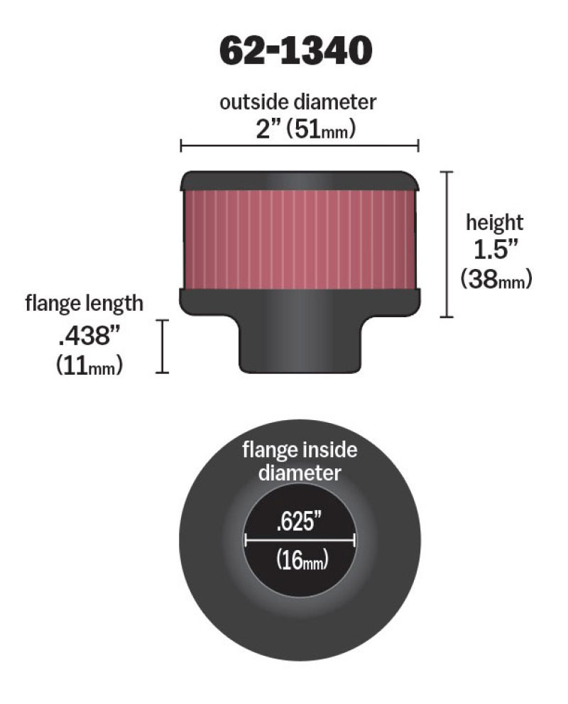 K&N 0.625 inch ID 2 inch OD 1.5 inch H Clamp On Crankcase Vent Filter - 62-1340