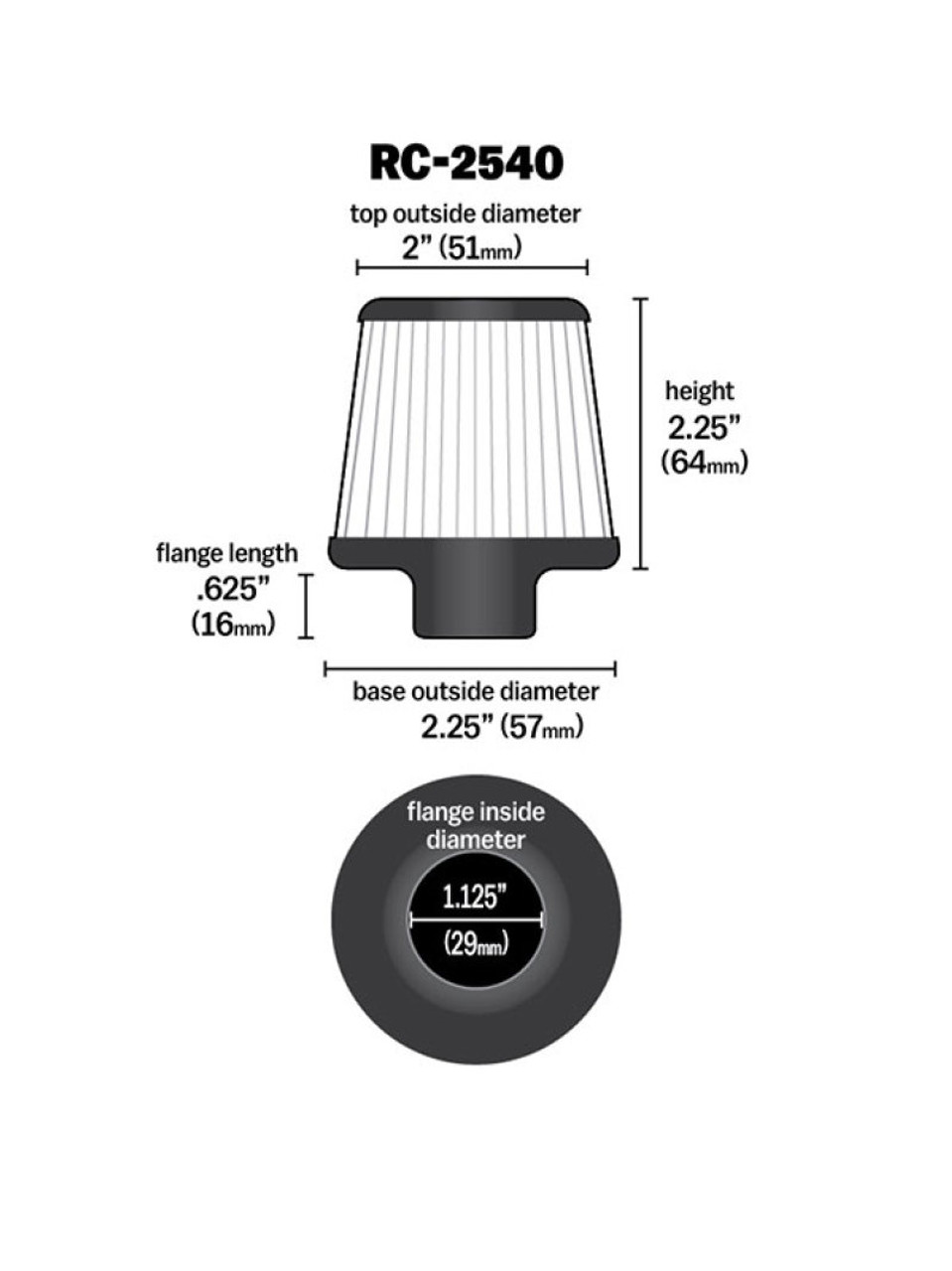 K&N Universal Chrome Filter 1 1/8 inch FLG / 2 1/4 inch Bottom / 2 inch Top / 2.5 inch Height - RC-2540