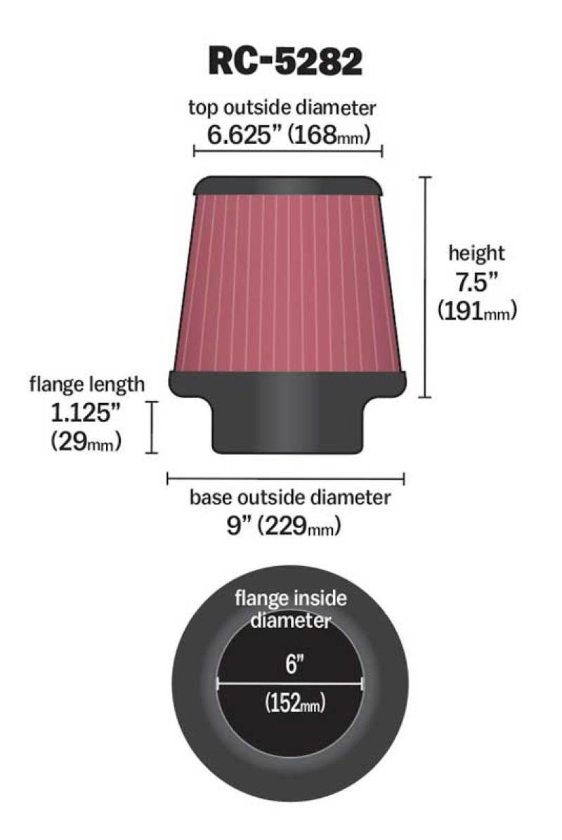 K&N Universal Round Tapered Filter 6in Flange ID x 9in Base OD x 6.625in Top OD x 7.5in Height - RC-5282