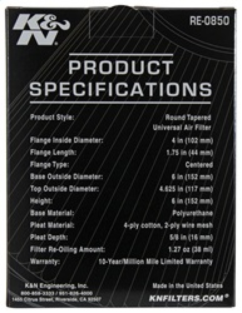 K&N Universal Air Filter (4in. Flange / 6in. Base OD / 4-5/8in. Top OD / 6in. Height) - RE-0850