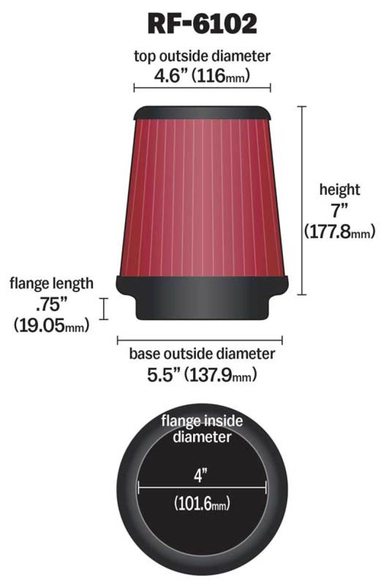 K&N Filter Universal Air Filter 3-15/16in FLG / 5-15/32in OD / 7in H - RF-6102