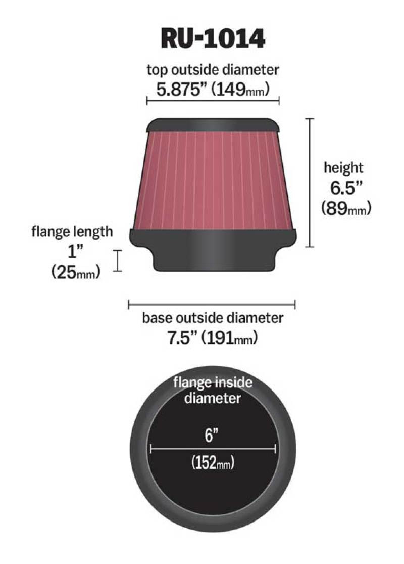 K&N Universal Tapered Filter 6in Flange ID x 7.5in Base OD x 5.875in Top OD x 6.5in Height - RU-1014