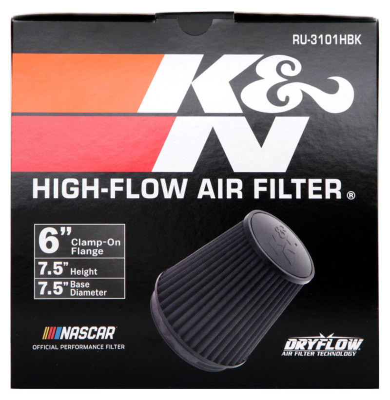 K&N Universal Rubber Filter Round Tapered 6in Flange ID x 7.5in Base OD x 5.25in Top OD x 8in Height - RU-3101HBK