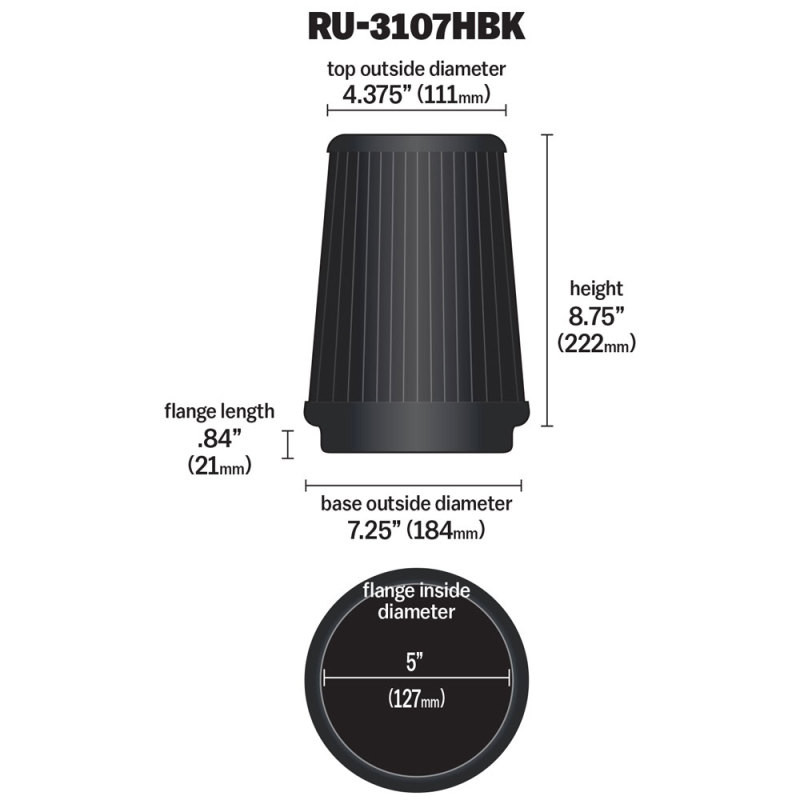 K&N Universal Air Filter (5in Flange / 6-1/2in Base / 4-3/8in Top OD / 8-3/4in Height) - RU-3107HBK
