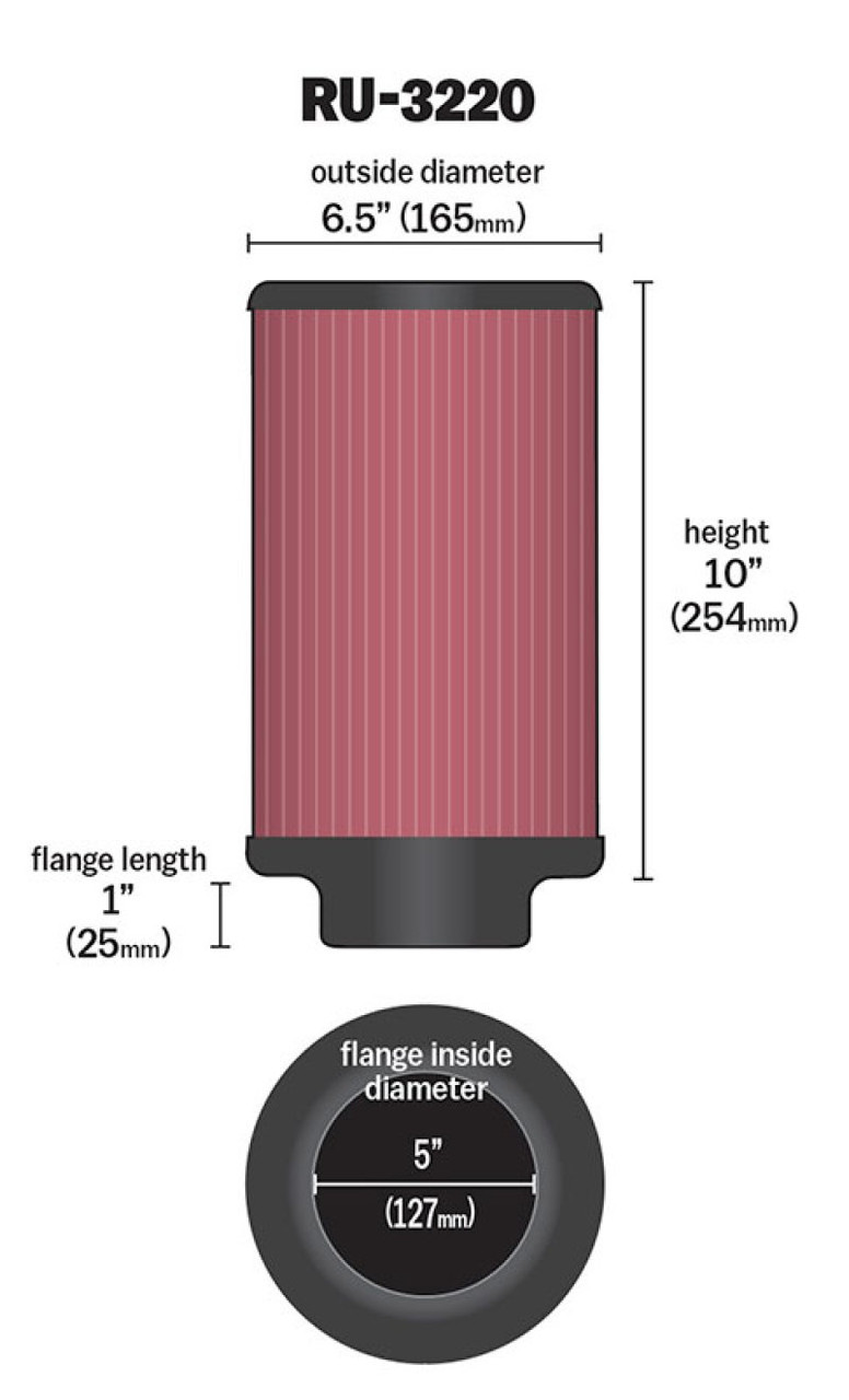 K&N Filter Universal Rubber Filter 5in Flange ID / 6.5in OD / 10in Height - RU-3220