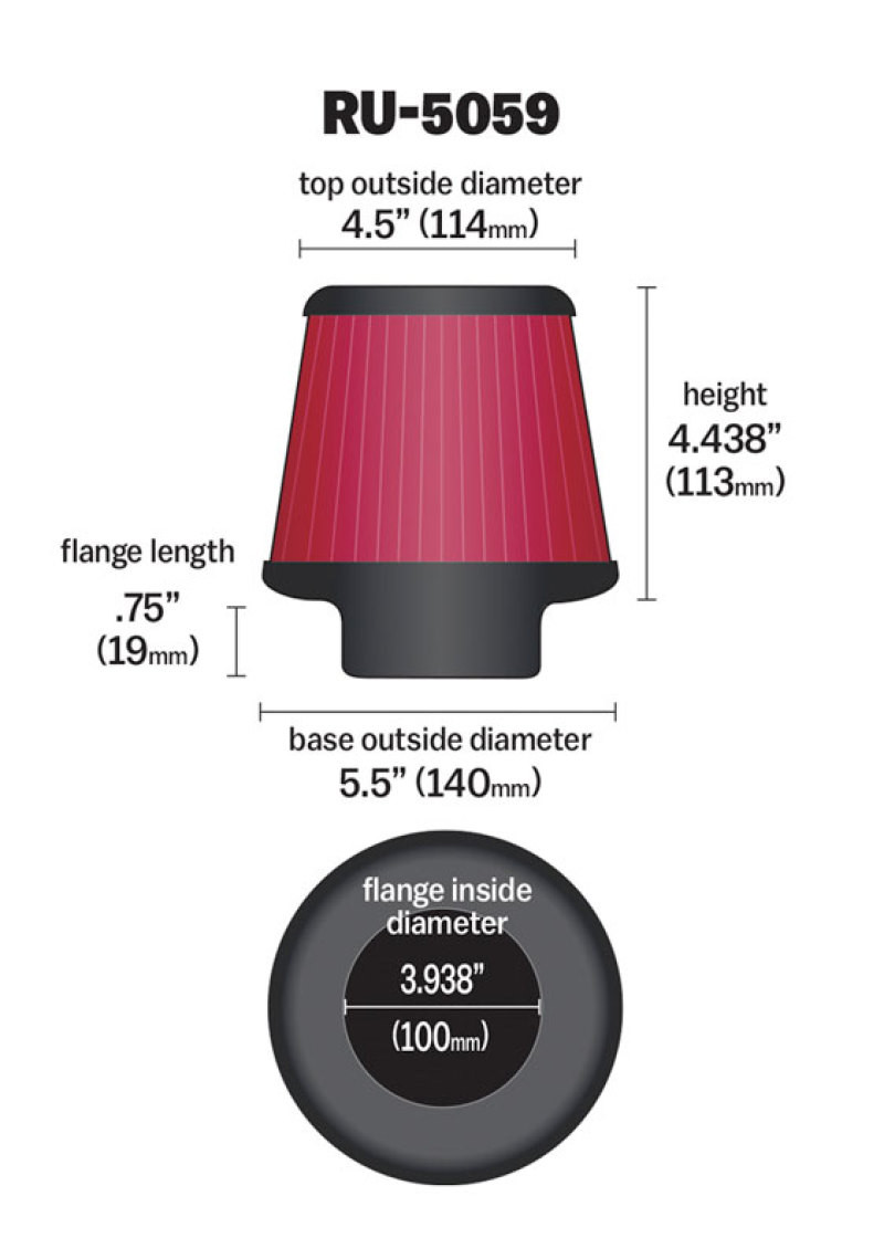 K&N Universal Clamp-On Air Filter 3-15/16in FLG / 5-1/2in B / 4-1/2in T / 4-7/16in H - RU-5059