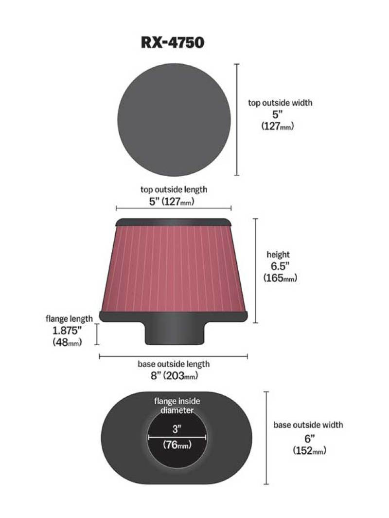 K&N Filter Universal X Stream Clamp-On 3in Flange ID 6inx8in Base 5inx5in Top 6.5in Height - RX-4750
