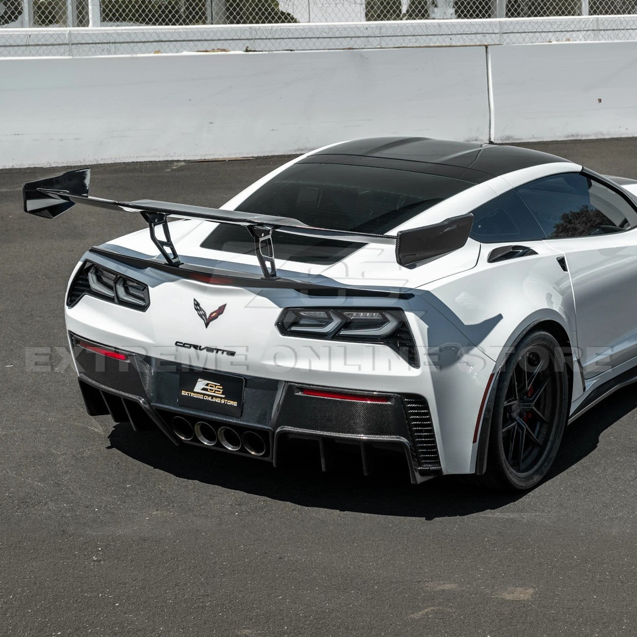 EOS ZR1 ZTK Extended Rear High Wing Spoiler - Carbon Fiber - C7 Corvette GS / Z06 (SPOILER-794WIDE-BKCF_BRACKET-204-EXTENDED)
