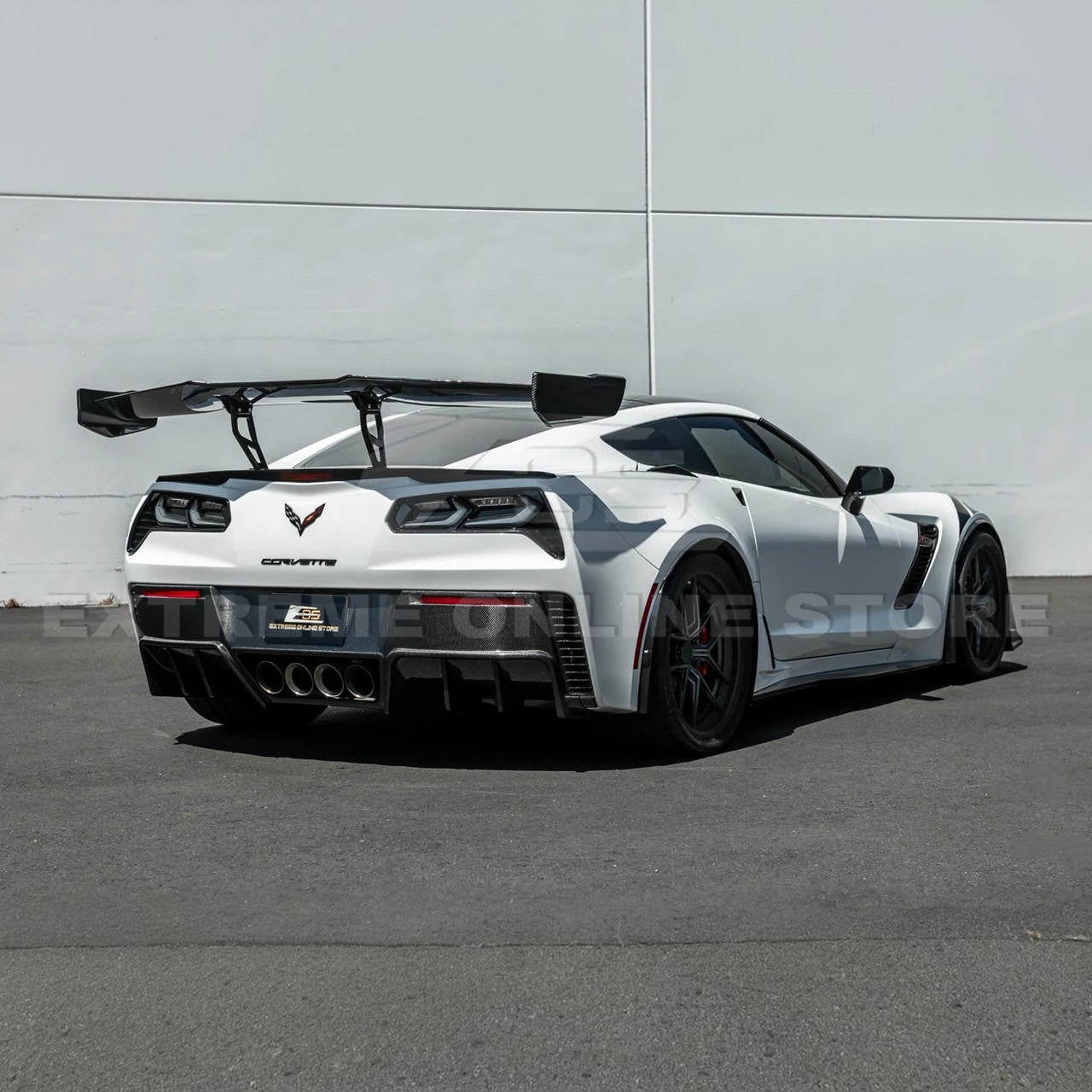 EOS ZR1 ZTK Extended Rear High Wing Spoiler - Carbon Fiber - C7 Corvette GS / Z06 (SPOILER-794WIDE-BKCF_BRACKET-204-EXTENDED)