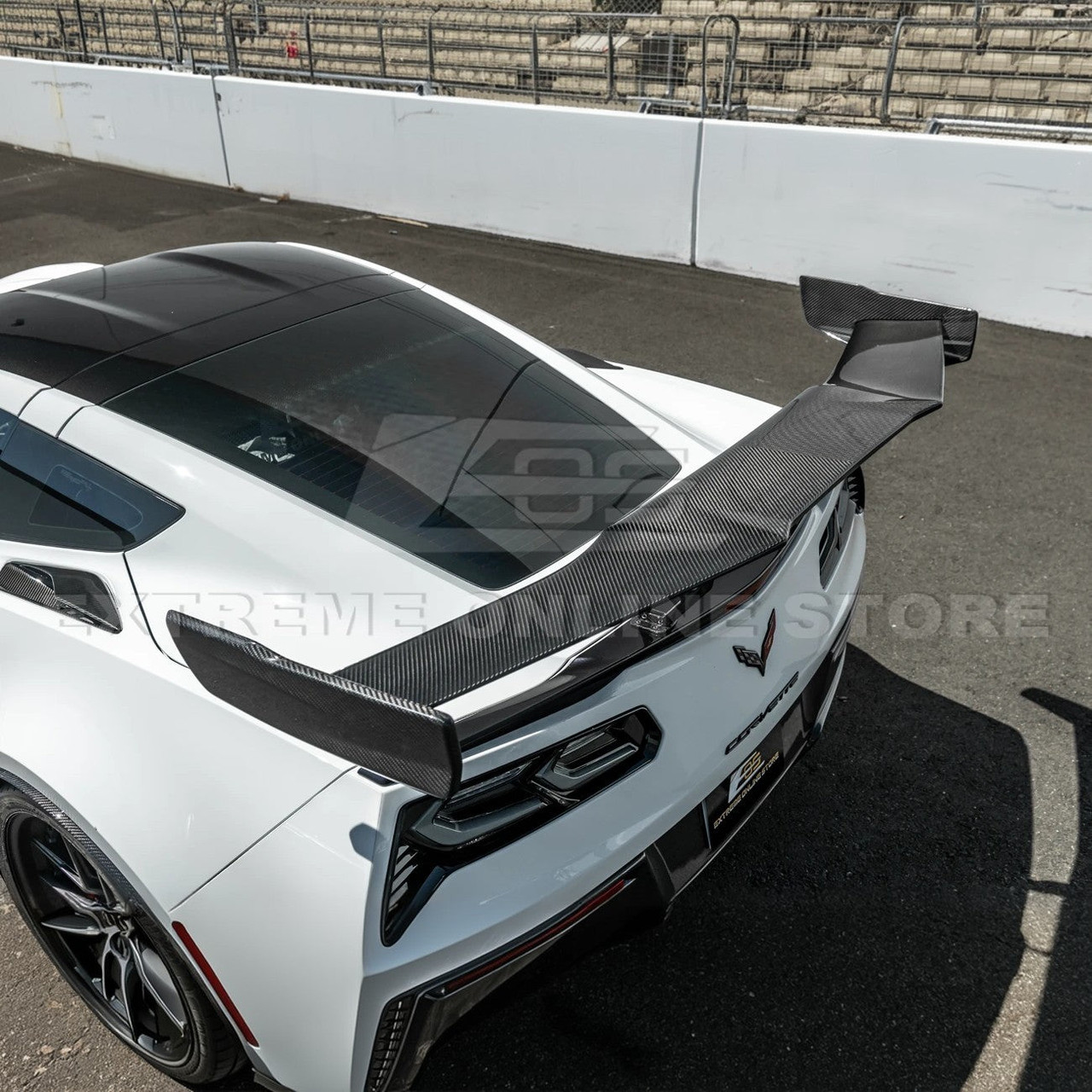 EOS ZR1 ZTK Extended Rear High Wing Spoiler - Carbon Fiber - C7 Corvette GS / Z06 (SPOILER-794WIDE-BKCF_BRACKET-204-EXTENDED)