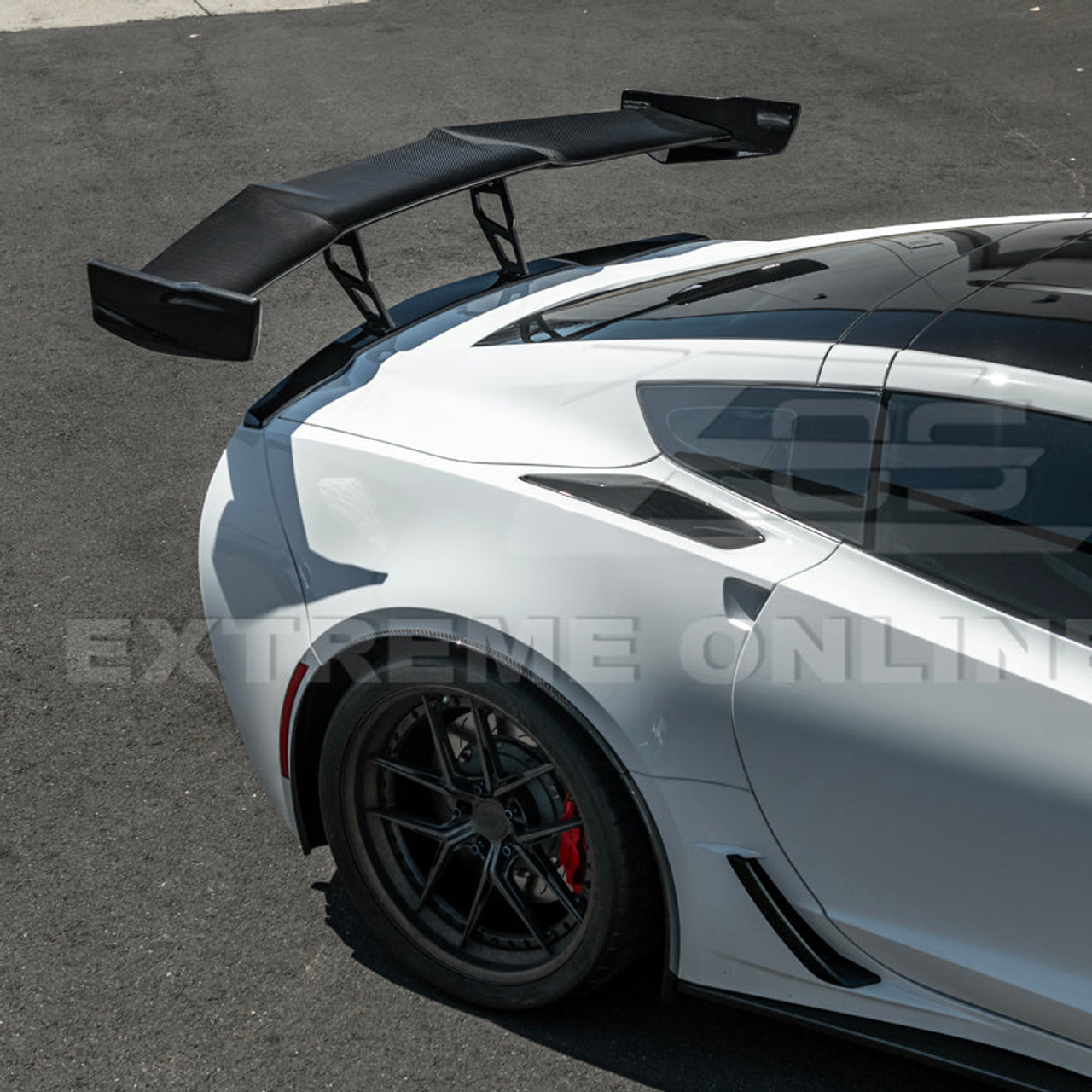 EOS ZR1 ZTK Extended Rear High Wing Spoiler - Carbon Fiber - C7 Corvette GS / Z06 (SPOILER-794WIDE-BKCF_BRACKET-204-EXTENDED)