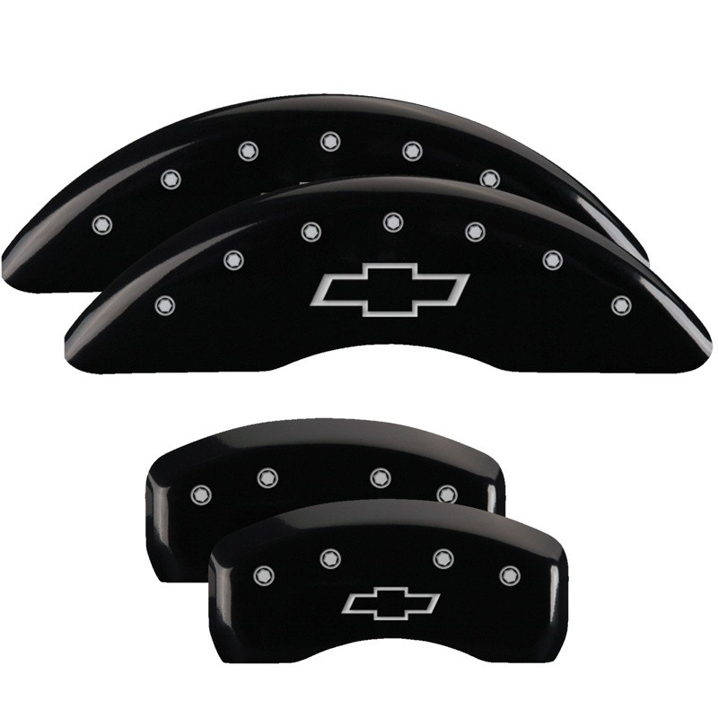 MGP 4 Caliper Covers Engraved Front & Rear Bowtie Black Finish Silver Char 2019 Chevrolet Traverse - 14250SBOWBK Photo - Primary