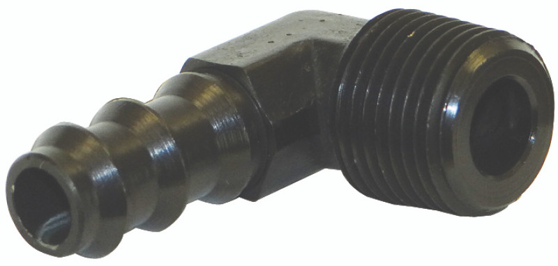 Moroso Air/Oil Separator Fuel Line Fitting - 3/8in to 3/8in Hose - 90 Degree - Black - Single - 65382