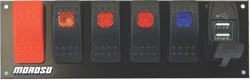 Moroso Rocker Switch Panel - Flat Surface Mount - LED w/USB - 2.488in x 7.85in -Five On/Off Switches - 74195