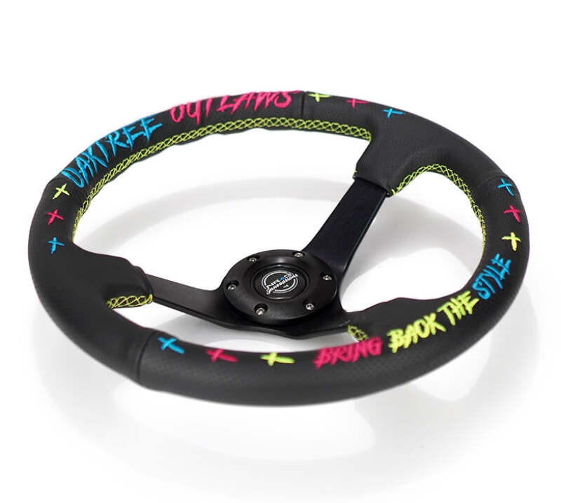 NRG Reinforced Steering Wheel - Oak Tree Outlaws 3in Deep/5mm Blk Spoke 350mm Wheel - Blk Perf Lthr - RST-036MB-OTOL-TRI Photo - Close Up