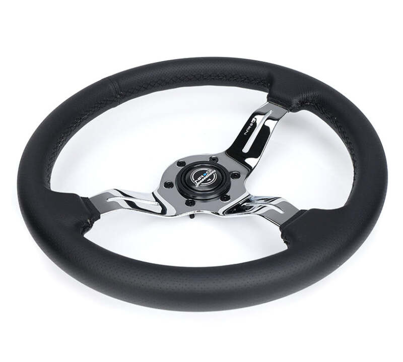 NRG Light Weight Gaming Steering Wheel - Splitz Chrome Silver Spokes Perforated Leather - ST-010CH-PR Photo - Close Up