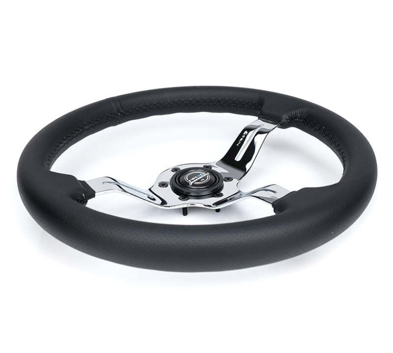 NRG Light Weight Gaming Steering Wheel - Splitz Chrome Silver Spokes Perforated Leather - ST-010CH-PR Photo - Close Up