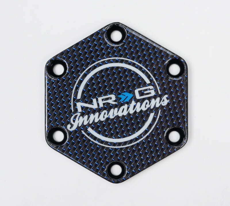 NRG Carbon Fiber w/ Blue Texalium Fabrics Horn Delete Button Circular Logo Front/ Back - STR-640CF/BL Photo - Close Up