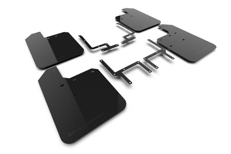 Rally Armor 2018+ Jeep Wrangler Rubicon JL Black UR Mud Flap w/ Metallic Black Logo - MF124-UR-BLK-MBK