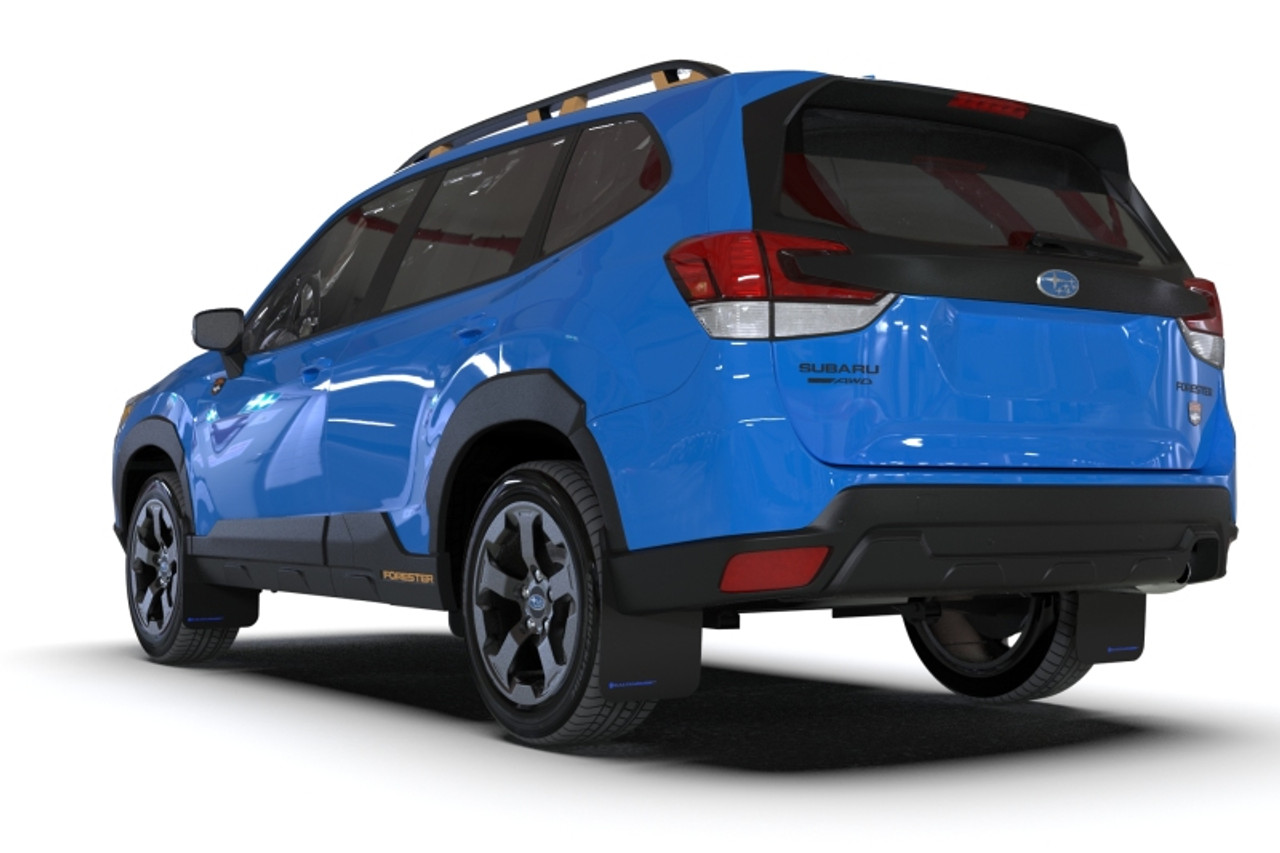 Rally Armor 22-24 Subaru Forester &amp; Wilderness Black UR Mud Flap w/Blue Logo - MF82-UR-BLK/BL