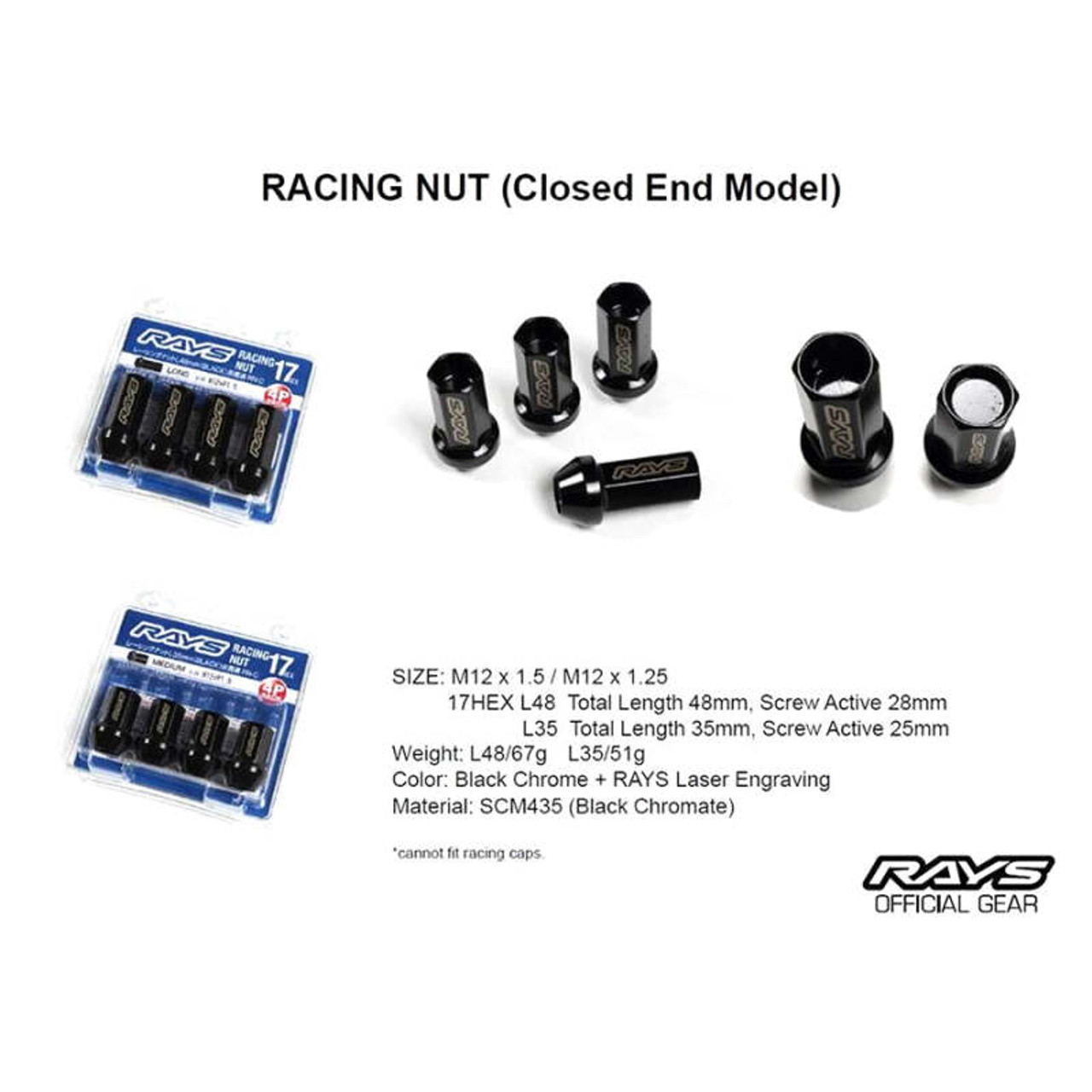 Rays 17HEX Racing Nut 12x1.5 Set L48 (Closed End) (4 PCS) - Black Chromate - W17RN12150BL48C