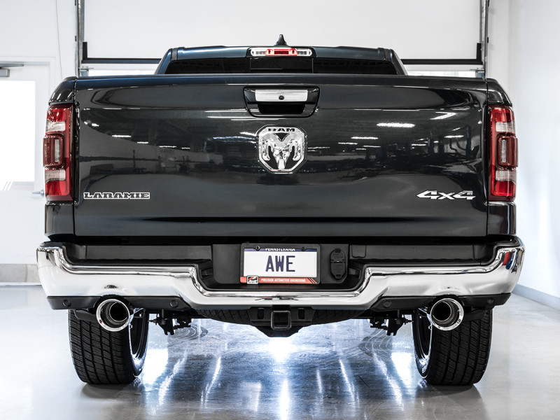 AWE Tuning 19-21 RAM 1500 5.7L (w/Cutouts) 0FG Dual Rear Exit Cat-Back Exhaust - Chrome Silver Tips - 3015-32005
