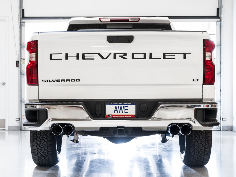 AWE Exhaust 0FG Catback Exhaust Split Rear Exit w. Chrome Quad Tips - 19-24 Silverado & Sierra 5.3L