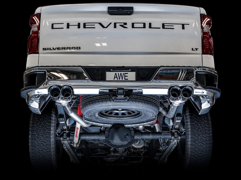 AWE Exhaust 0FG Catback Exhaust Split Rear Exit w. Chrome Quad Tips - 19-24 Silverado & Sierra 5.3L