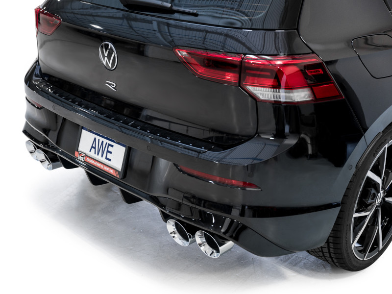 AWE MK8 Volkswagen Golf R 3in Touring Edition Quad Exhaust - Chrome Silver Tips - 3015-42658