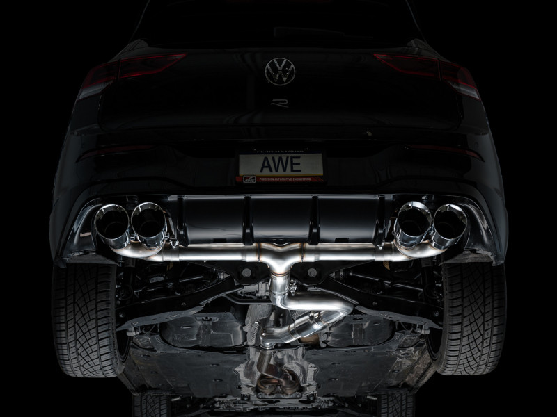 AWE MK8 Volkswagen Golf R 3in Track Edition Quad Exhaust - Chrome Silver Tips - 3020-42658