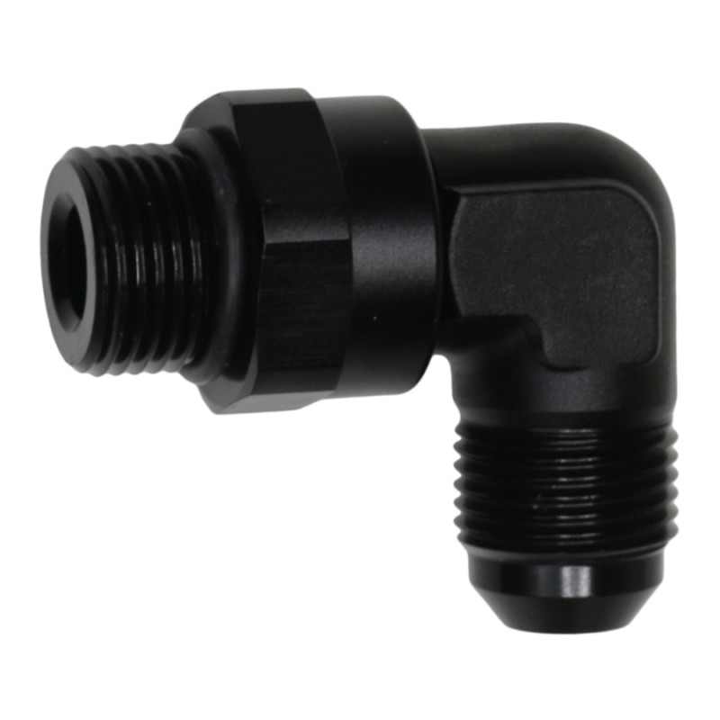 DeatschWerks 8AN ORB Male Swivel to 8AN Male Flare 90-Degree Fitting - Anodized Matte Black - 6-02-0411-B