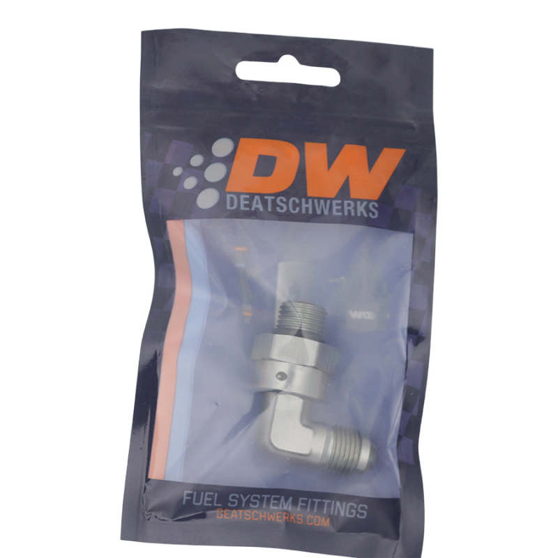 DeatschWerks 6AN ORB Male Swivel to 90-Degree 6AN Male Flare - Anodized DW Titanium - 6-02-0414