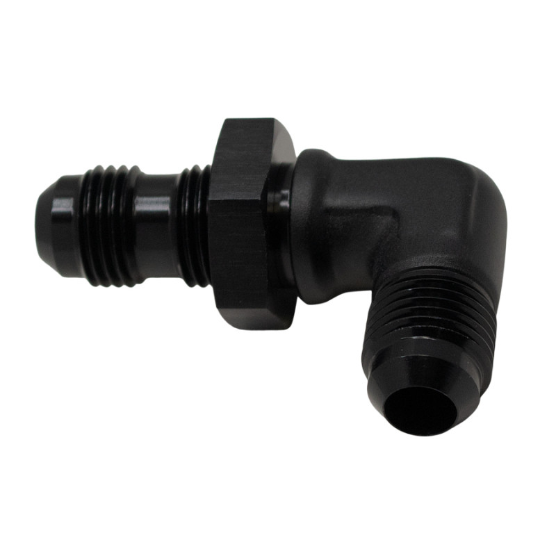 DeatschWerks 6AN Male Flare to 6AN Male Flare Bulkhead Adapter 90-Degree - Anodized Matte Black - 6-02-0710-B