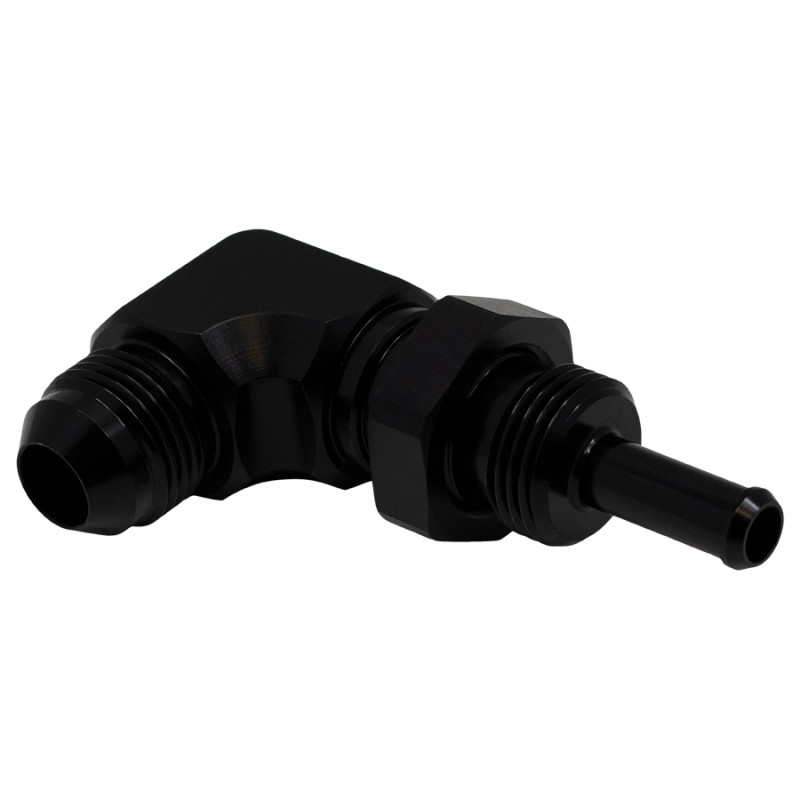 DeatschWerks 8AN Male Flare to 5/16in Male Barb Bulkhead Adapter 90-Degree - Anodized Matte Black - 6-02-0713-B