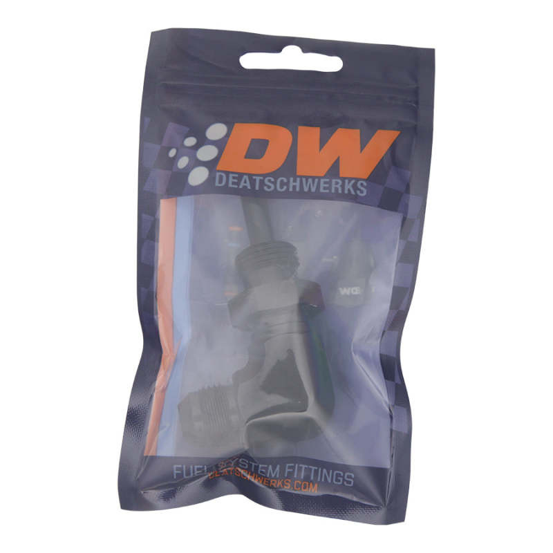 DeatschWerks 8AN Male Flare to 5/16in Male Barb Bulkhead Adapter 90-Degree - Anodized Matte Black - 6-02-0713-B