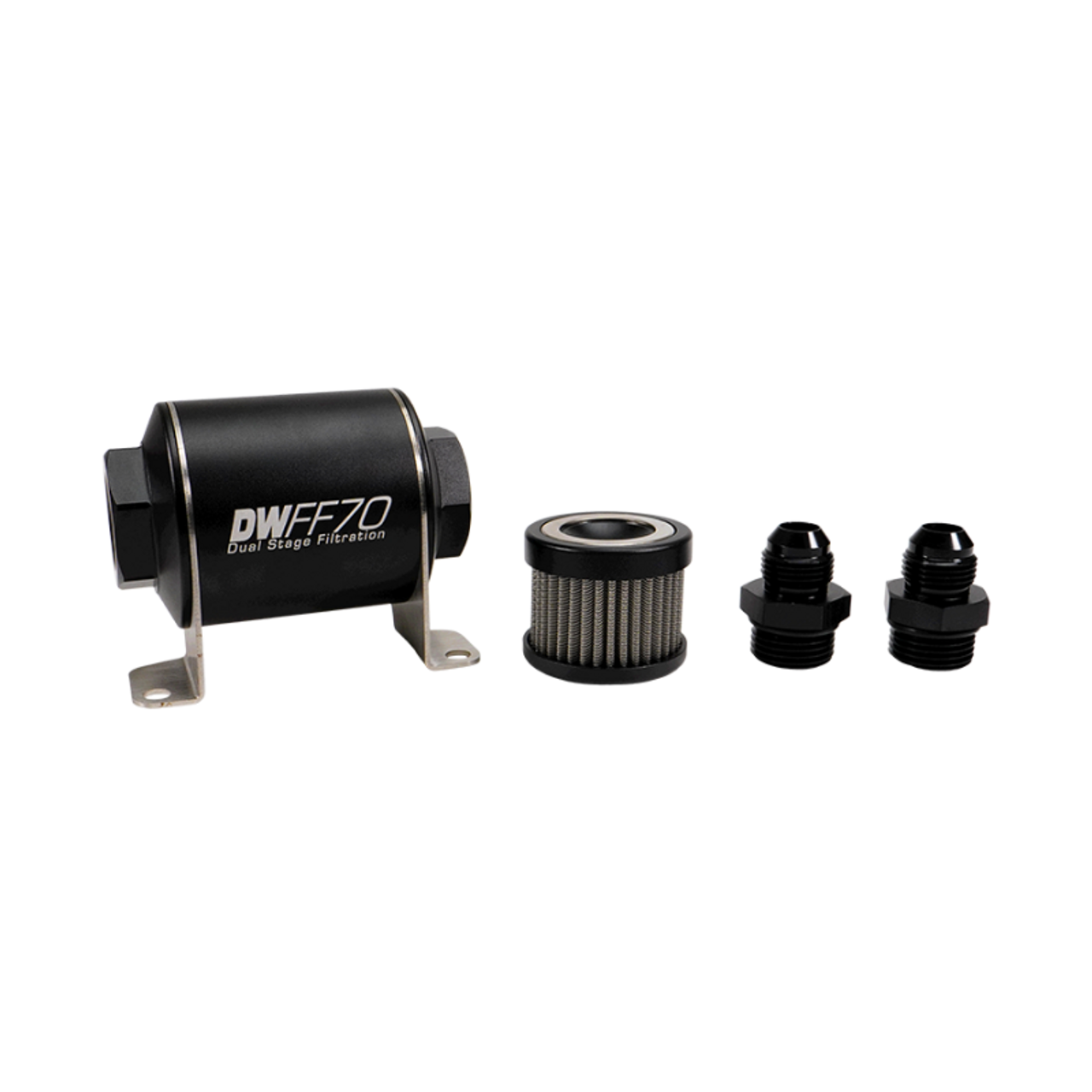DeatschWerks Stainless Steel 8AN 10 Micron Universal Inline Fuel Filter Housing Kit (70mm) - 8-03-070-010K-8