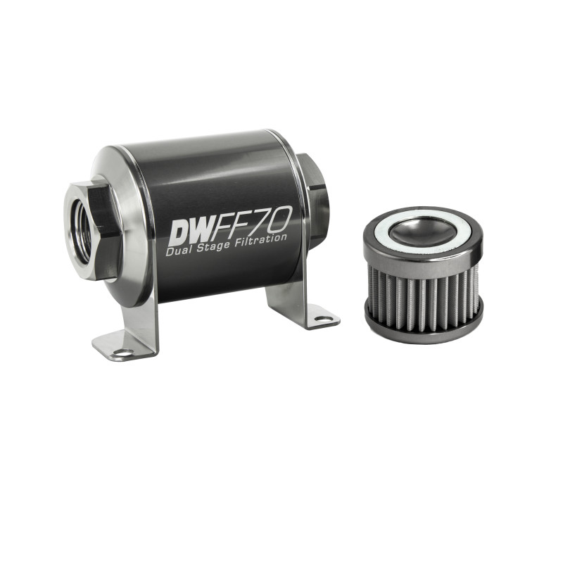 DeatschWerks Stainless Steel 8AN 40 Micron Universal Inline Fuel Filter Housing Kit (70mm) - 8-03-070-040K